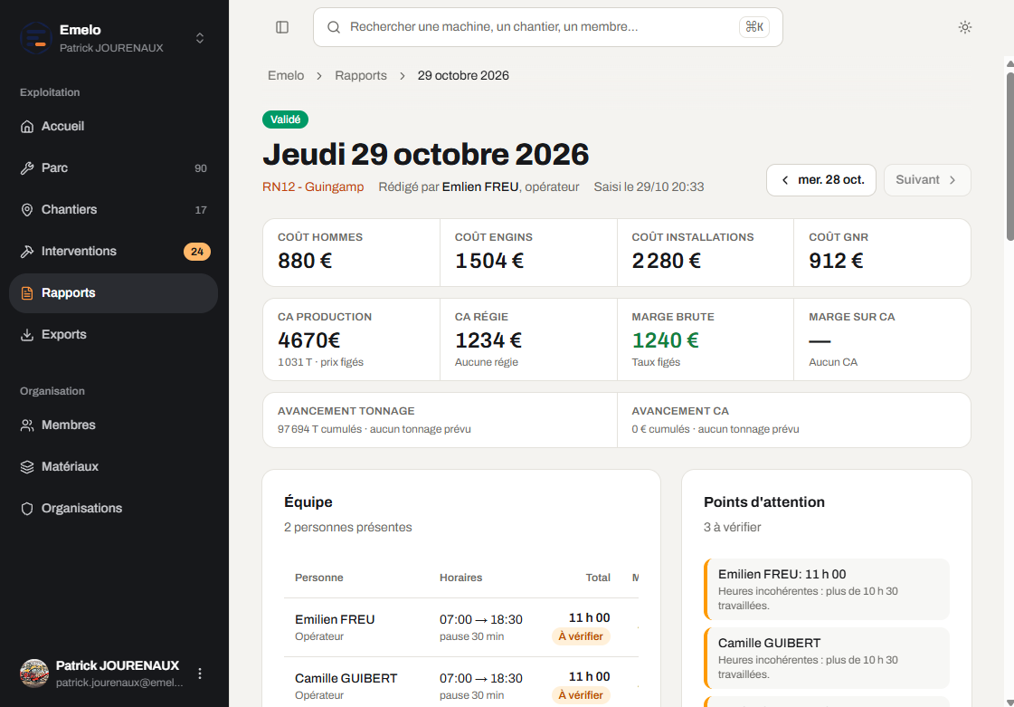 Rapport journalier dans Emelo : coûts, chiffre d’affaires, marge et équipe du chantier